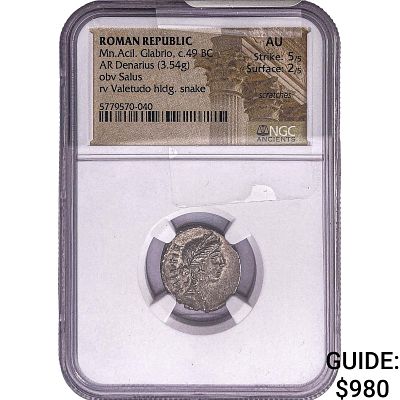 49 BC Roman Republic Mn. Acil. Glabrio Silver Denarius NGC AU Scratches