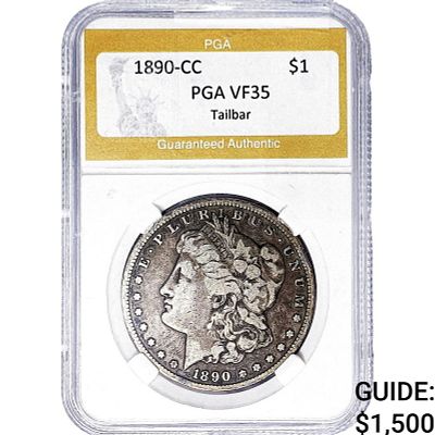 1890-CC Morgan Silver Dollar PGA VF35 Tailbar