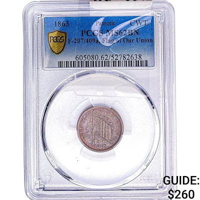 1863 Civil War Copper Token Flag of Our Union PCGS MS62 BN