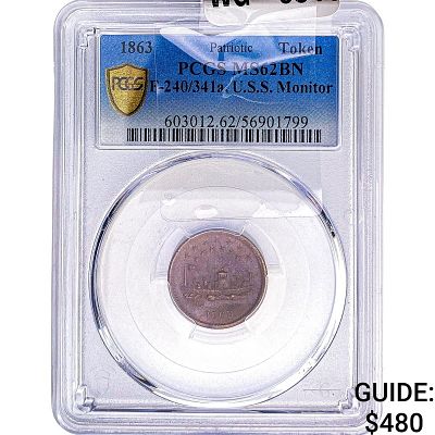 1863 Civil War Copper Token Our Little Monitor PCGS MS62 BN