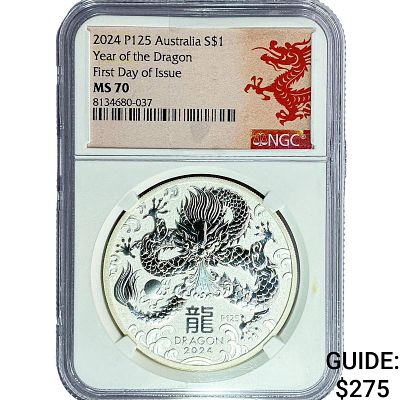 2024 $1 Sliver Australia Year of the Dragon NGC MS70