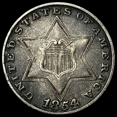 1854 Silver Three-Cent Piece NEARLY UNCIRCULATED. 1854 Silver Three-Cent Piece NEARLY UNCIRCULATED