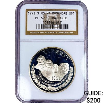1991-S $1 Sliver Mount Rushmore NGC PF69 Ultra Cameo. 1991-S $1 Sliver Mount Rushmore NGC PF69 