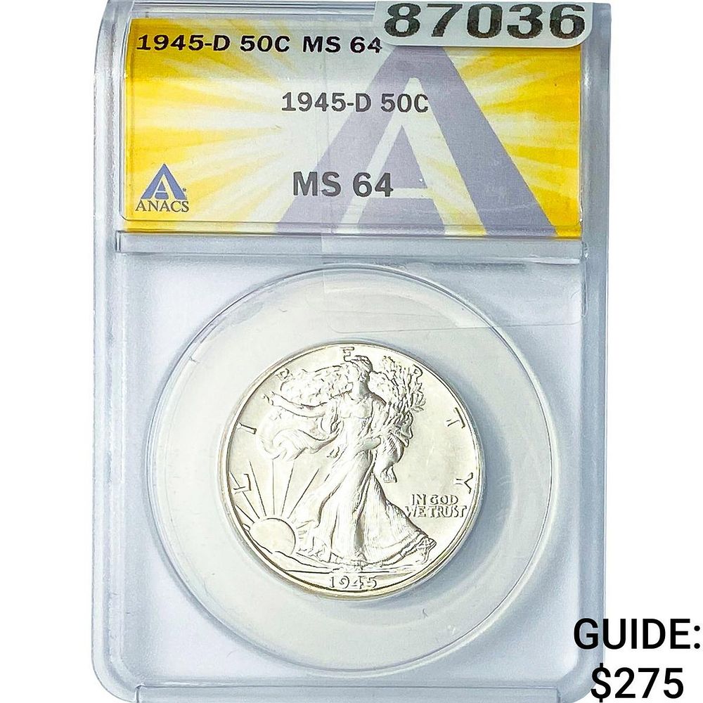 1945-D Walking Liberty Half Dollar ANACS MS64