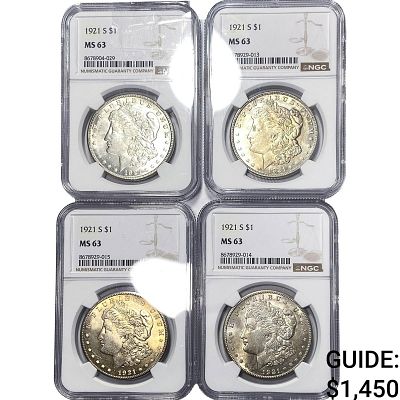 [4 Coins] 1921-S Morgan Silver Dollar NGC MS63