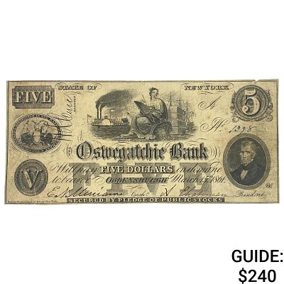1861 $5 Oswegatchie Bank Ogdensburgh NY Banknote