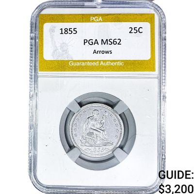 1855 Seated Liberty Quarter PGA MS62 Arrows