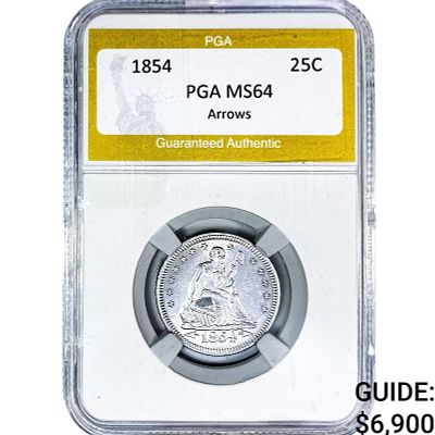 1854 Seated Liberty Quarter PGA MS64 Arrows