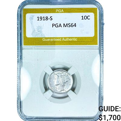 1918-S Mercury Silver Dime PGA MS64