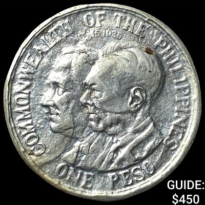 1936 Philippines Silver 1 Peso-Rare Dbl Stamped