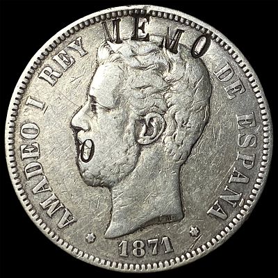 1871 Spain Silver 5 Pesetas Amadeo I HIGH GRADE