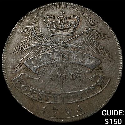 1794 U.K Essex Copper 1/4 Penny Token - Shire Hall
