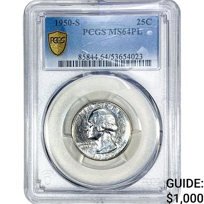 1950--S Washington Silver Quarter PCGS MS64 PL