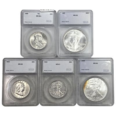 [5 Coins] 1942-2009 U.S. Walk. Lib., Frank., Silver Eagle 50C-$1 SEGS MS61-69