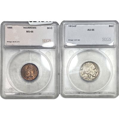 [2 Coins] 1895-1913 Indian Head 1C & Buffalo 5C SEGS AU/MS55-66. [2 Coins] 1895-1913 Indian Head 