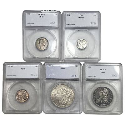 [5 Coins] 1832-1941 U.S. Lot 5C-$1 SEGS VF/MS35-66