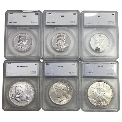 [6 Coins] 1924-2015 Silver Coin Lot U.S. 50C-$1 China 10Y SEGS PR/MS64-69