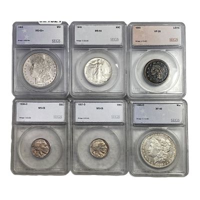 [6 Coins] 1846-1945 U.S. Lot 5C-$1 SEGS XF/VF/MS25-66