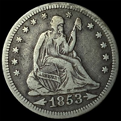 1853-O Arrows & Rays Silver Seated Liberty Quarter LIGHTLY CIRCULATED. 1853-O Arrows &amp; Rays 
