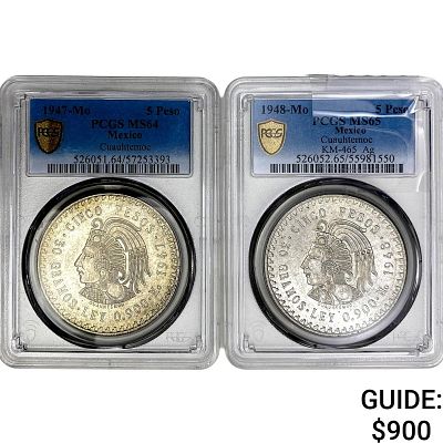 [2 Coins] 1948-Mo 5 Peso Mexico Cuauhtemoc PCGS MS65