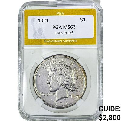 1921 Silver Peace Dollar PGA MS63 High Relief