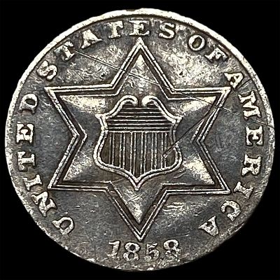 1858 Silver Three-Cent Piece CLOSELY UNCIRCULATED. 1858 Silver Three-Cent Piece CLOSELY UNCIRCULATED