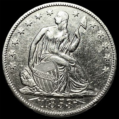 1853-O Arrows & Rays Silver Seated Liberty Half Dollar CLOSELY UNCIRCULATED. 1853-O Arrows 