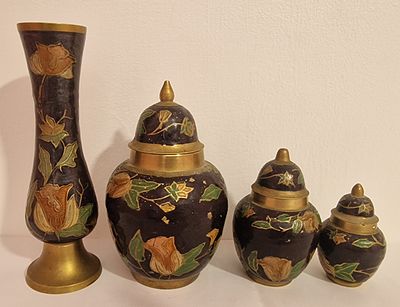 Brass Enamelled Graduated Ginger Jars And Bud Vase. 3 ginger jars with matching bud vase