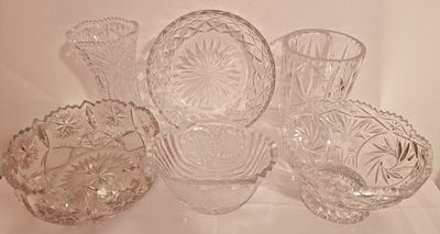 Selection Of Six Cut Glass And Crystal Vases And Bowls . Various sizes