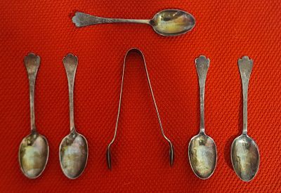 Set Of Silver Spoons With Matching Sugar Tongues. Six items