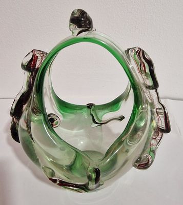 Signed Murano Glass Basket . Green and red Murano basket