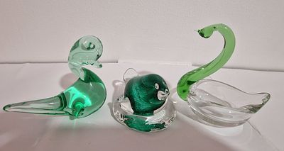 Coloured Glass Swan Duck And Other. Paperweights and other