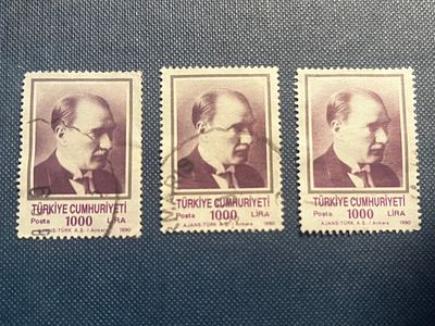 A Set of Three Turkish Postage Stamps featuring Mustafa Kemal Atatürk, 1990. A set of three 