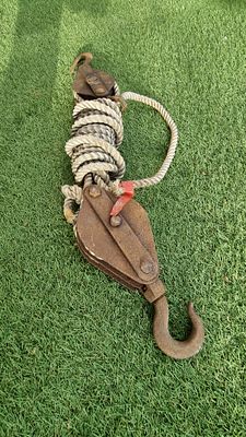 Double block and rope
Pulley system . Vintage double block and 
Pulley system with rope 
Ideal 