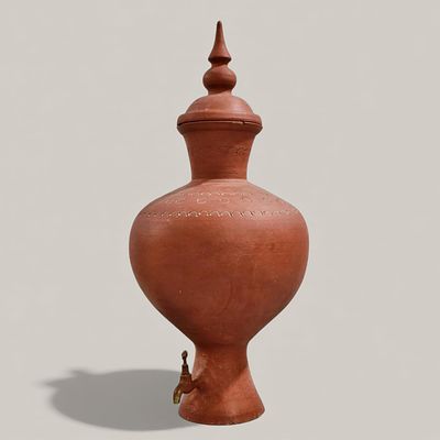 CLAY JAR. ANTIQUE CLAY JAR WITH TAP - red-painted clay with incised decorative motifs, brass tap 