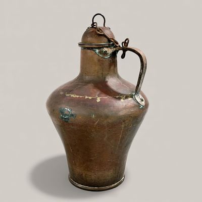 COPPER JUG. ANTIQUE COPPER JUG - with wrought iron handle and chain. Old restorations, beautiful 