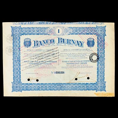 SHARE. ONE SHARE CERTIFICATE OF BANCO BURNAY - bearer share, issued in 1926, valued at 22$50 