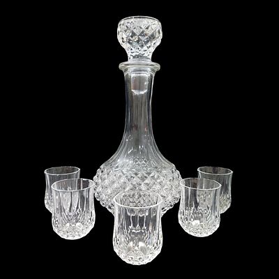 D'ARQUES. SET OF 6 D'ARQUES CRYSTAL LIQUEUR PIECES - Longchamp model, with five glasses and a 