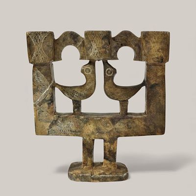 SOAPSTONE. THREE-LIGHT SOAPSTONE CANDELABRA - sculpted and openwork stone with two birds 