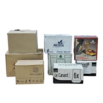 ASSORTED GLASSES. Set of 48 glasses of different brands in boxes of 6 units (flutes, juice 