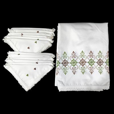 COTTON. Set of tablecloth and 12 napkins in embroidered and laced white cotton, green and brown 