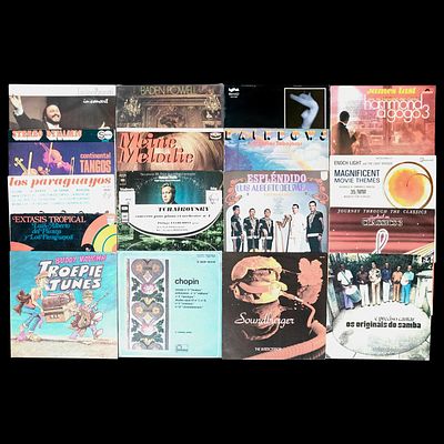 VINYL. Set of 18 33 rpm records, Luciano Pavarotti, Continental Tangos, Los Paraguayos, Extasis 