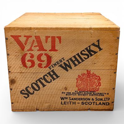 VAT 69 Scotch whisky a wooden box 
contains 12 bottles 
Type: Blended Scotch whisky. 