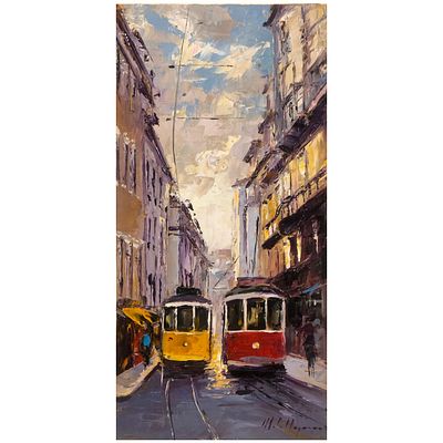 MOTA URGEIRO. “Tram on Concei&ccedil;&atilde;o Street”Oil technique on wood30x15 cm