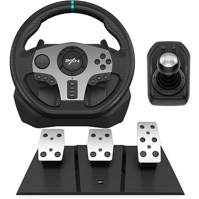 RACING WHEEL. PXN V9 racing wheel with 270&deg;/900&deg; rotation, vibration, shifter, and 3-in-1 pedal. 