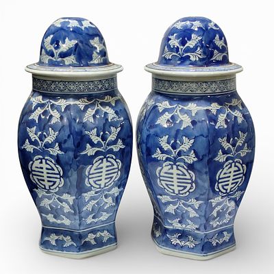 ORIENTAL PORCELAIN VASES. Pair of hexagonal oriental porcelain vases, decorated in Canton blue 
