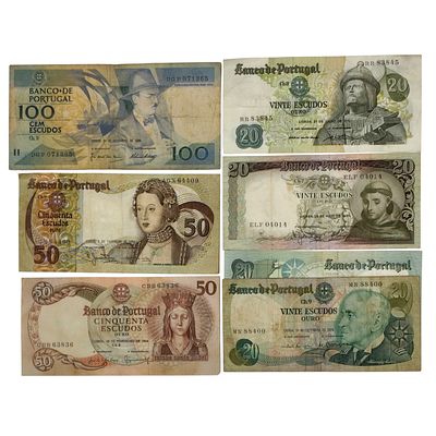 PORTUGUESE BANKNOTES. Set of 7 different used Portuguese banknotes (out of circulation): 20$00 