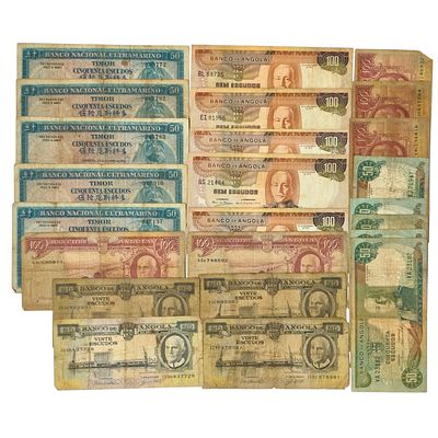 PORTUGUESE COLONIAL BANKNOTES. Set of 25 used Portuguese colonial banknotes. Timor 50$00 Regulo 