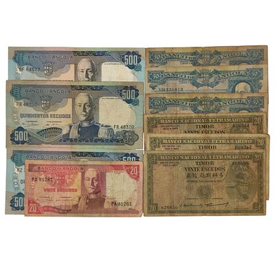 PORTUGUESE COLONIAL BANKNOTES. Set of 10 Portuguese colonial banknotes: Timor 20$00 Regulo D. 
