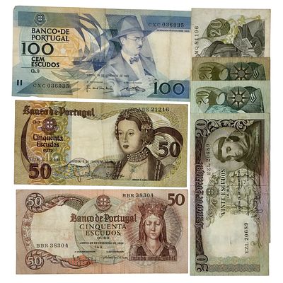 PORTUGUESE BANKNOTES. Set of 7 different used Portuguese banknotes (out of circulation): 20$00 
